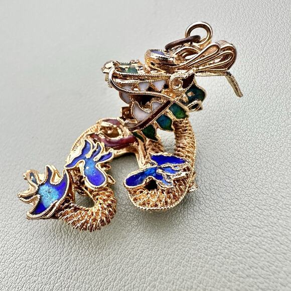 Vintage Chinese Export Cloisonné Enamel Dragon Pendant Gold Gilt Filigree - Picture 1 of 5